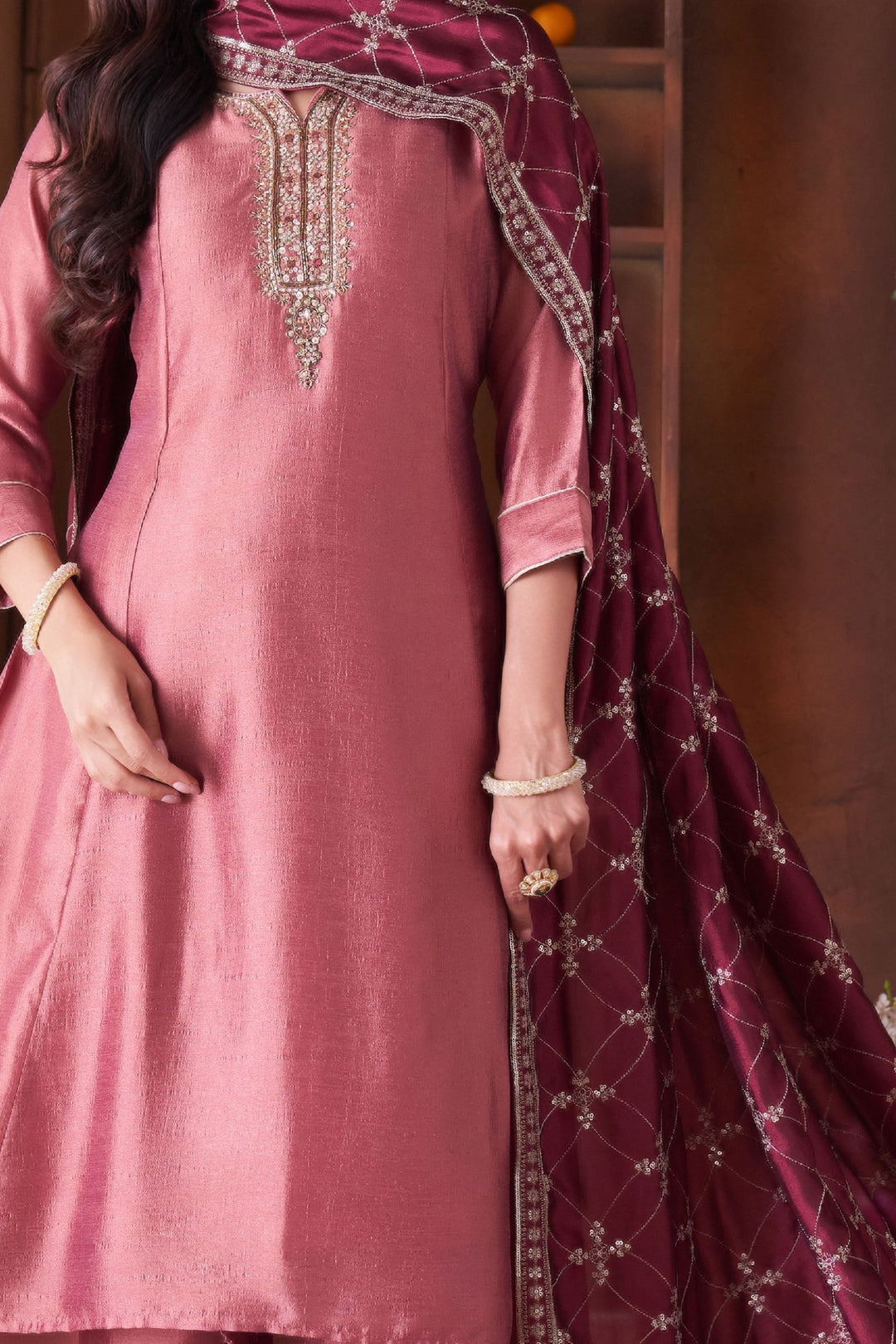 Rust Beads, Mirror, Zardozi, Zari and Sequins work A-line Cut Anarkali Styled Salwar Suit