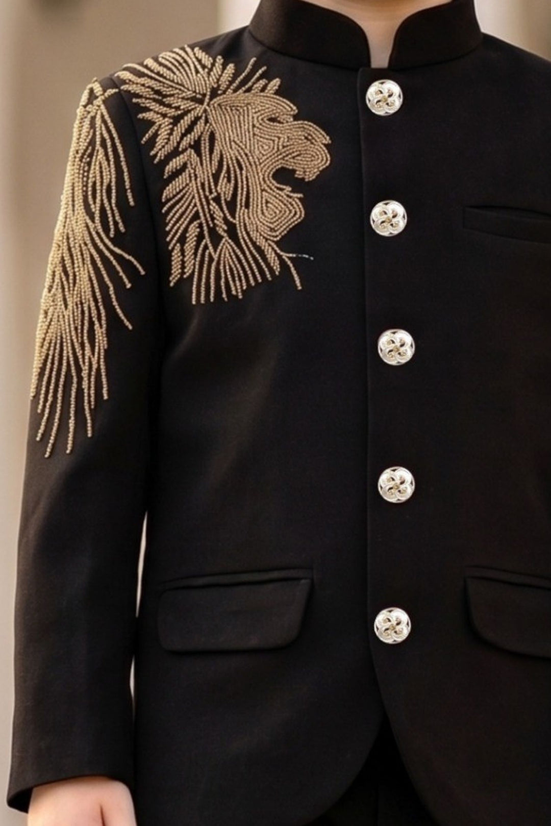 Black Lion Beads Embroidered Shoulder Detail Jodhpuri Suit for Boys