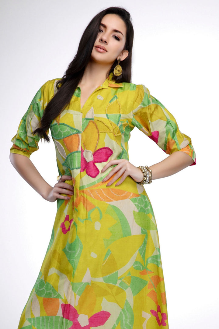 Lemon Yellow Printed and Beads work Calf Length Kurti