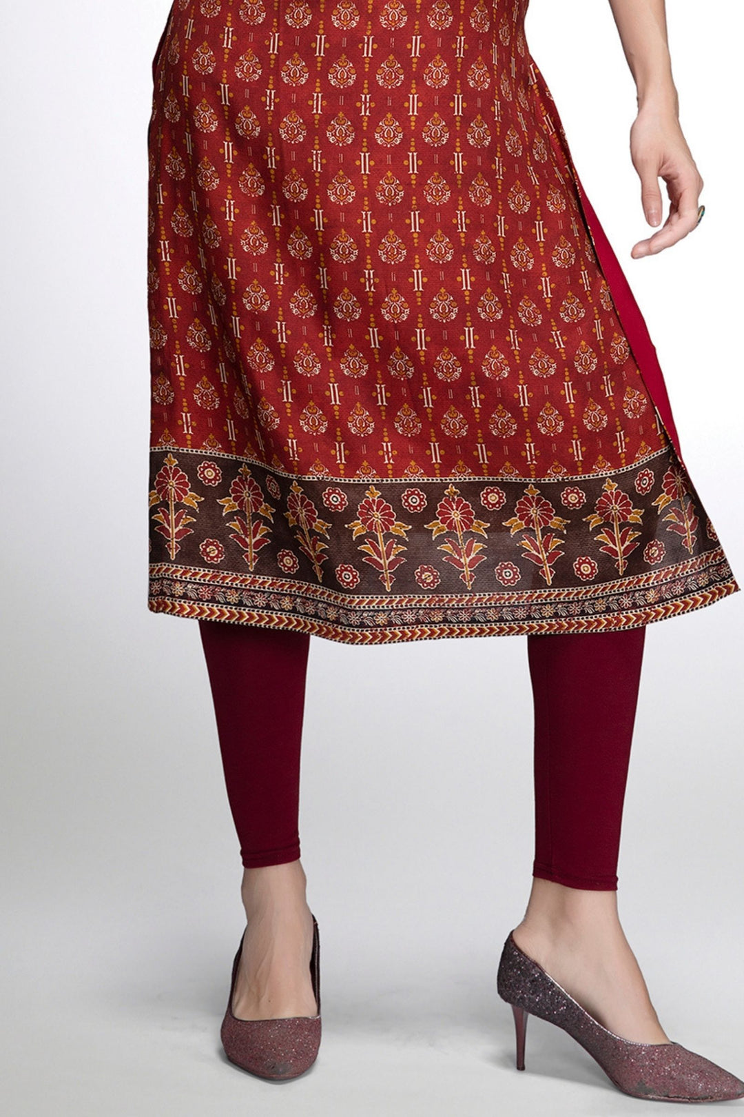 Brick Red with Coffee Brown Digital Print Calf Length Kurti