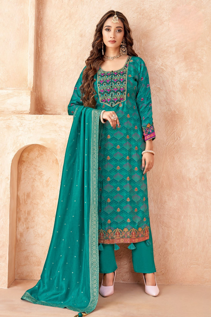 Rama Green Banaras and Embroidery work with Multicolor Digital Print Straight Cut Salwar Suit