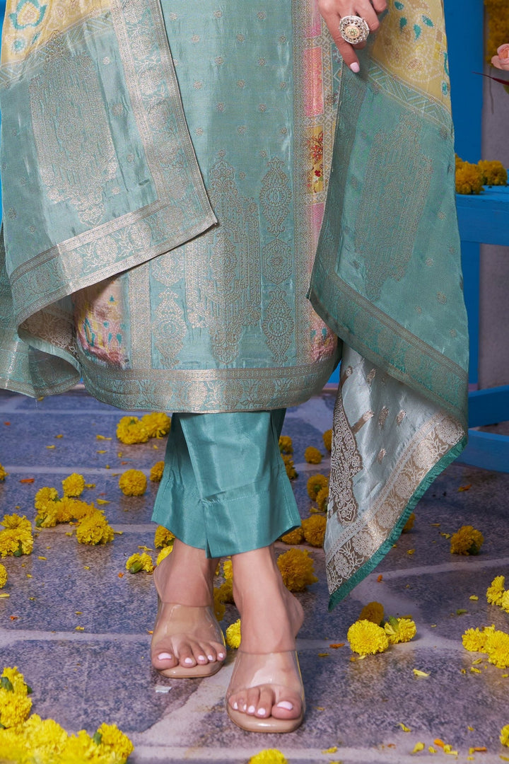 Sea Green Banaras, Zardozi and Mirror work with Bandini Print Straight Cut Salwar Suit