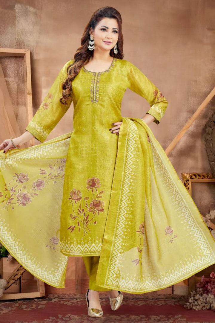 Liril Green Beads, Zardozi and Thread work with Floral Print Straight Cut Salwar Suit