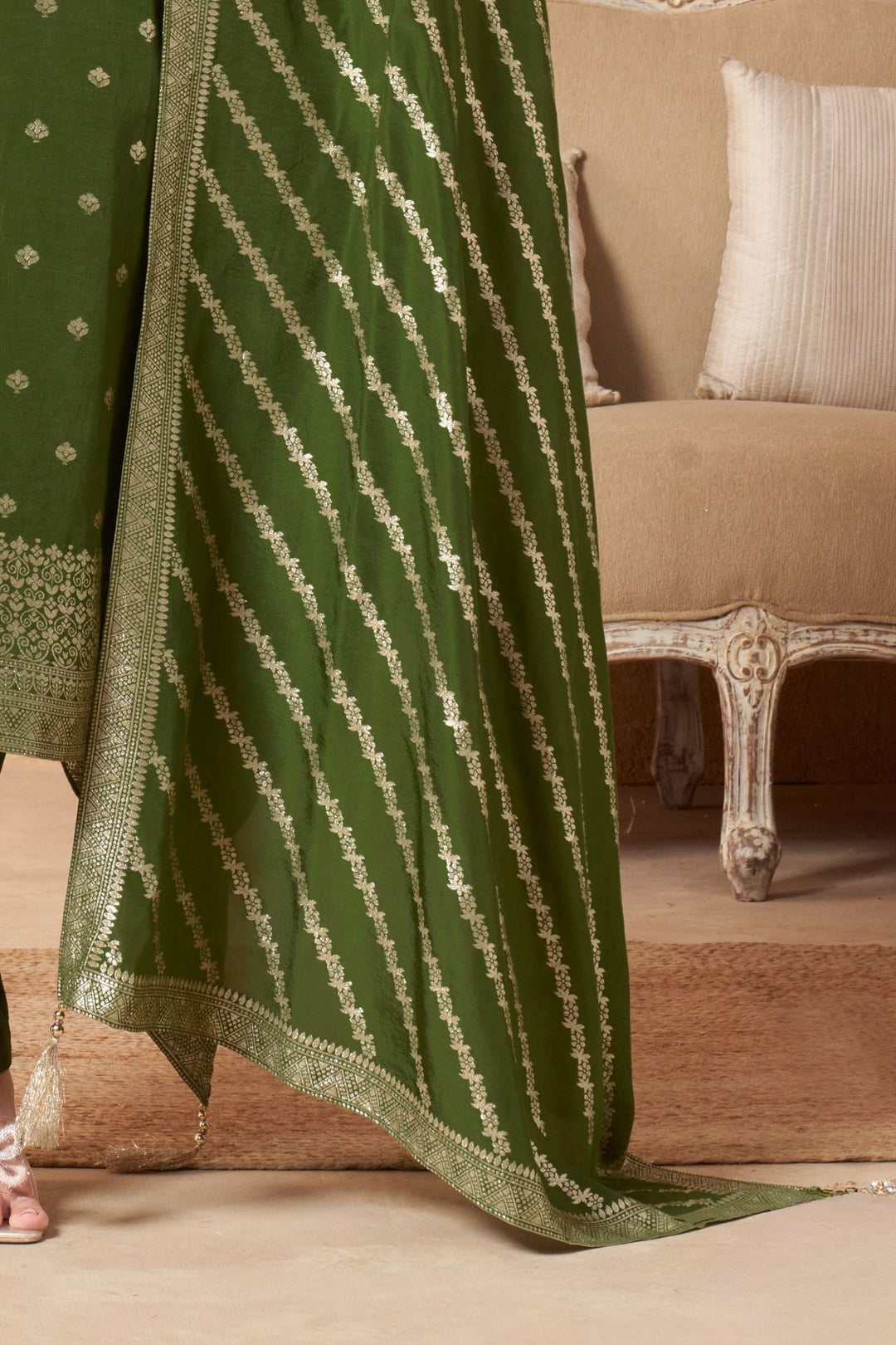 Green Banaras, Zardozi, Beads and Sequins work Straight Cut Salwar Suit