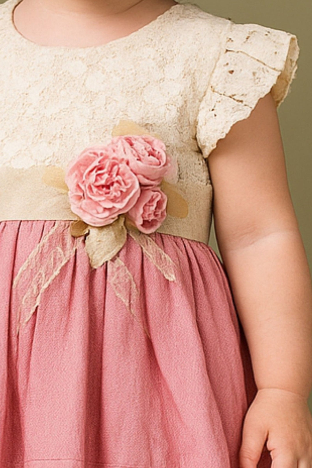 Cream with Peach Lace work Short Frock for Girls