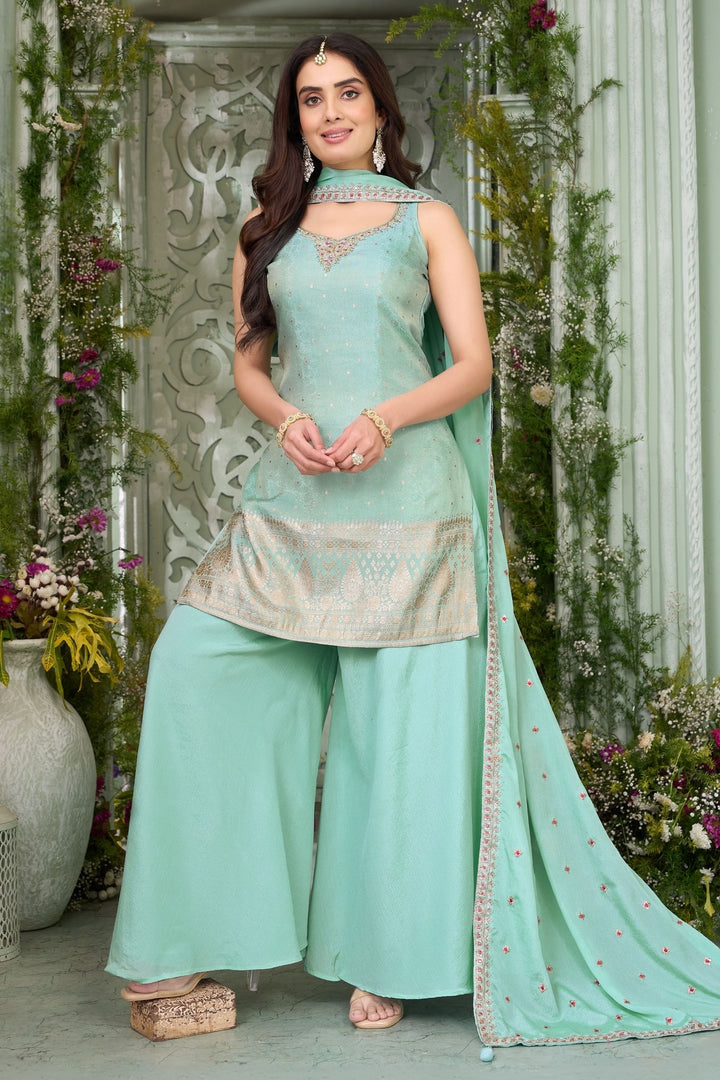 Sea Green Banaras, Zardozi, Mirror, Stone, Thread and Zari work Palazzo Salwar Suit