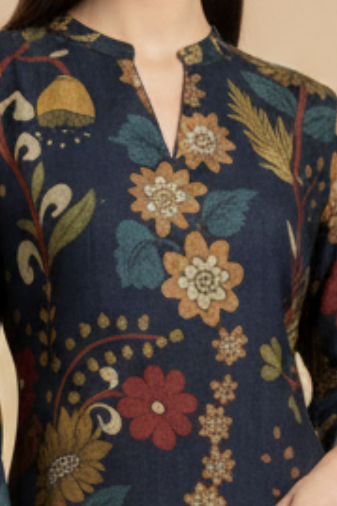 Navy Blue Beads work with Floral Print A-line Cut Calf Length Kurti