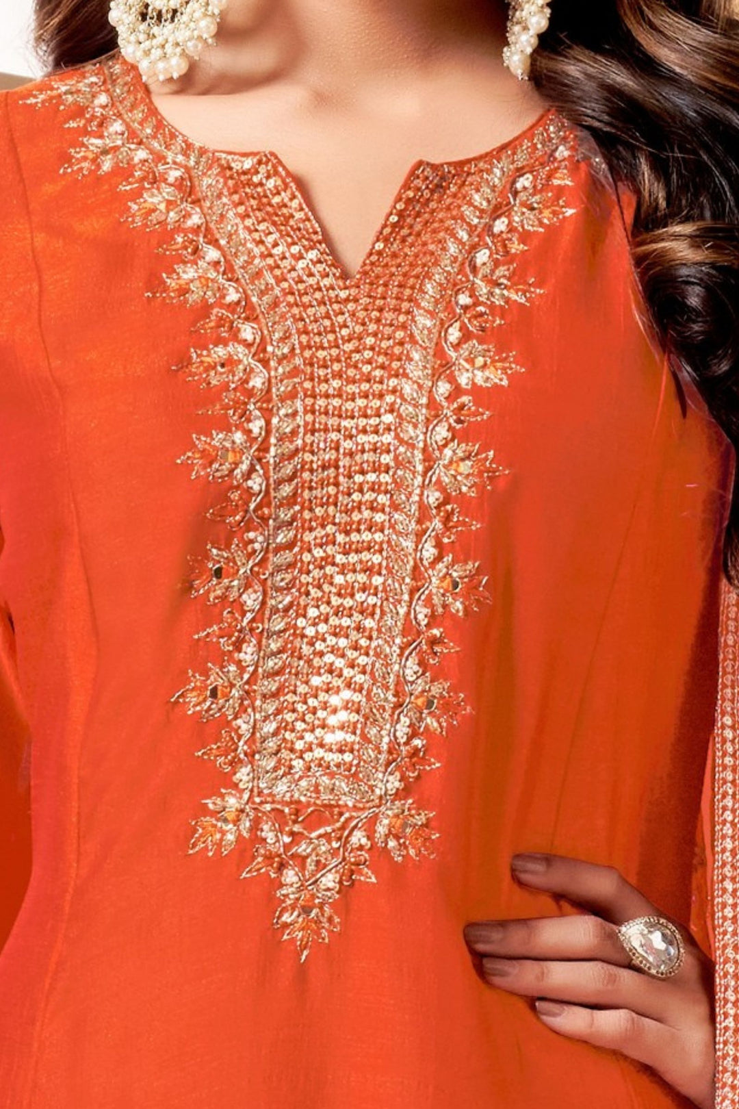 Orange Sequins, Beads, Mirror and Zari work A-line Cut Anarkali Styled Salwar Suit