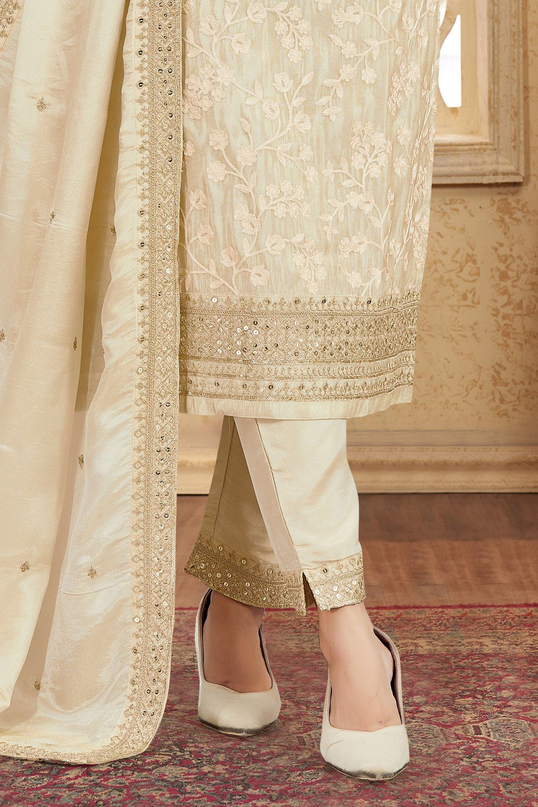 Cream Sequins, Thread and Zari work Straight Cut Salwar Suit