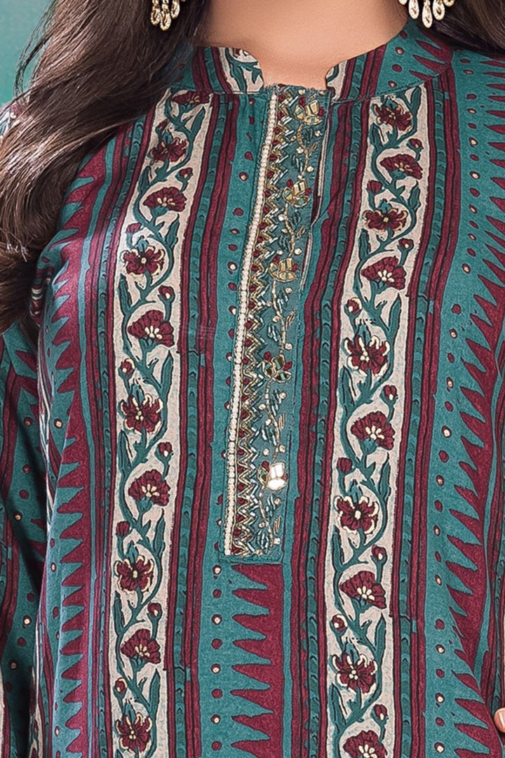 Peacock Green Beads and Mirror work with Printed Straight Cut Salwar Suit for Girls