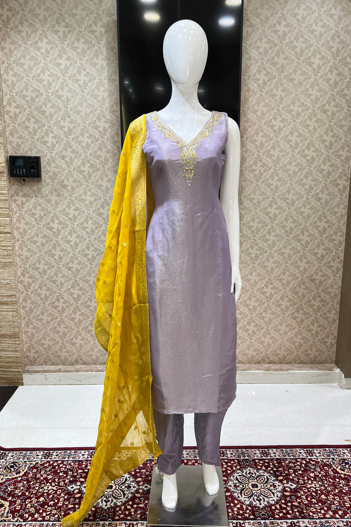 Lilac Banaras, Zardozi, Sequins, Beads and Zari work Straight Cut Salwar Suit