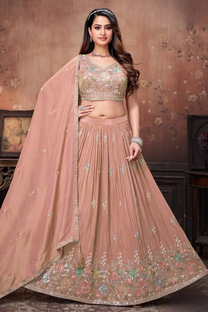 Peach Sequins, Beads and Multicolor Thread work Crop Top Lehenga