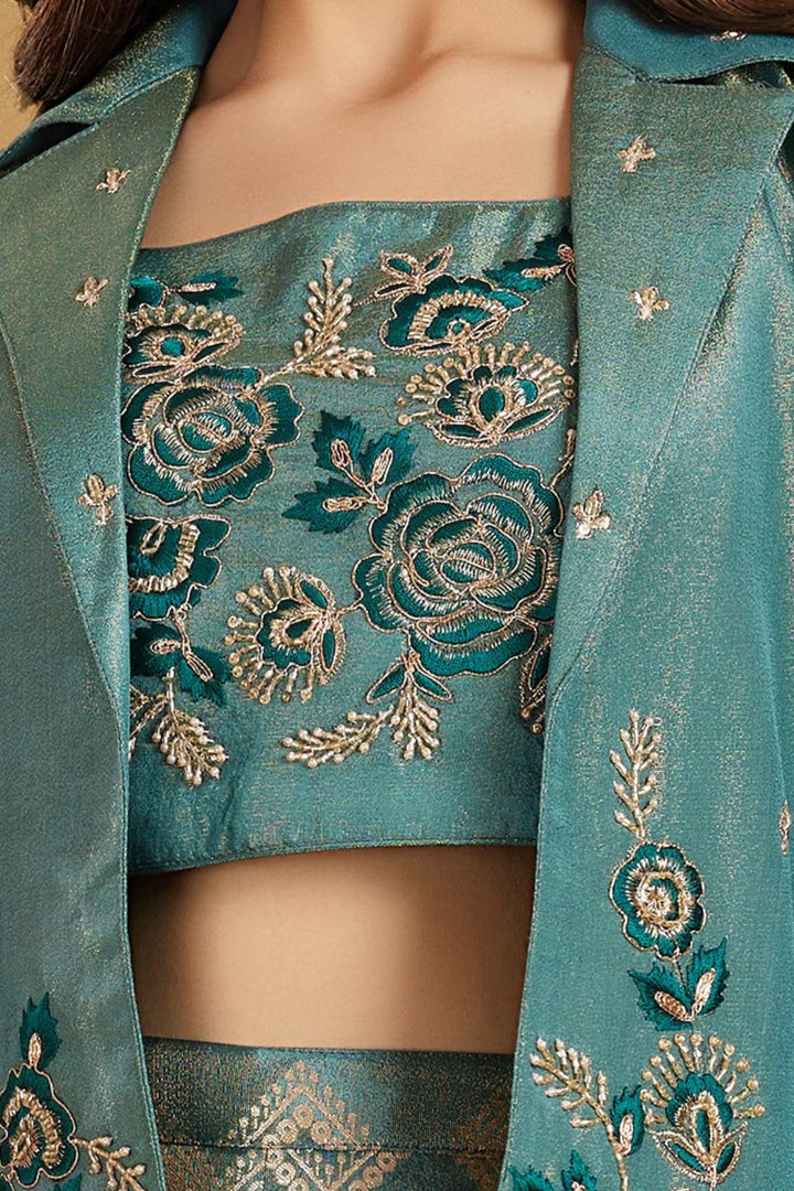Sea Green Embroidery, Sequins, Zari and Beads work Jacket Styled Palazzo Set for Girls