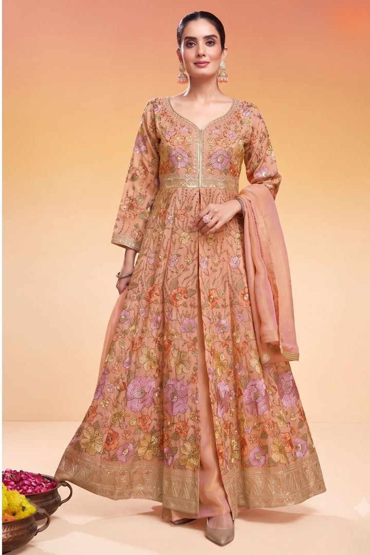 Peach Floral Embroidery, Sequins and Zari work Mastani Styled Palazzo Suit