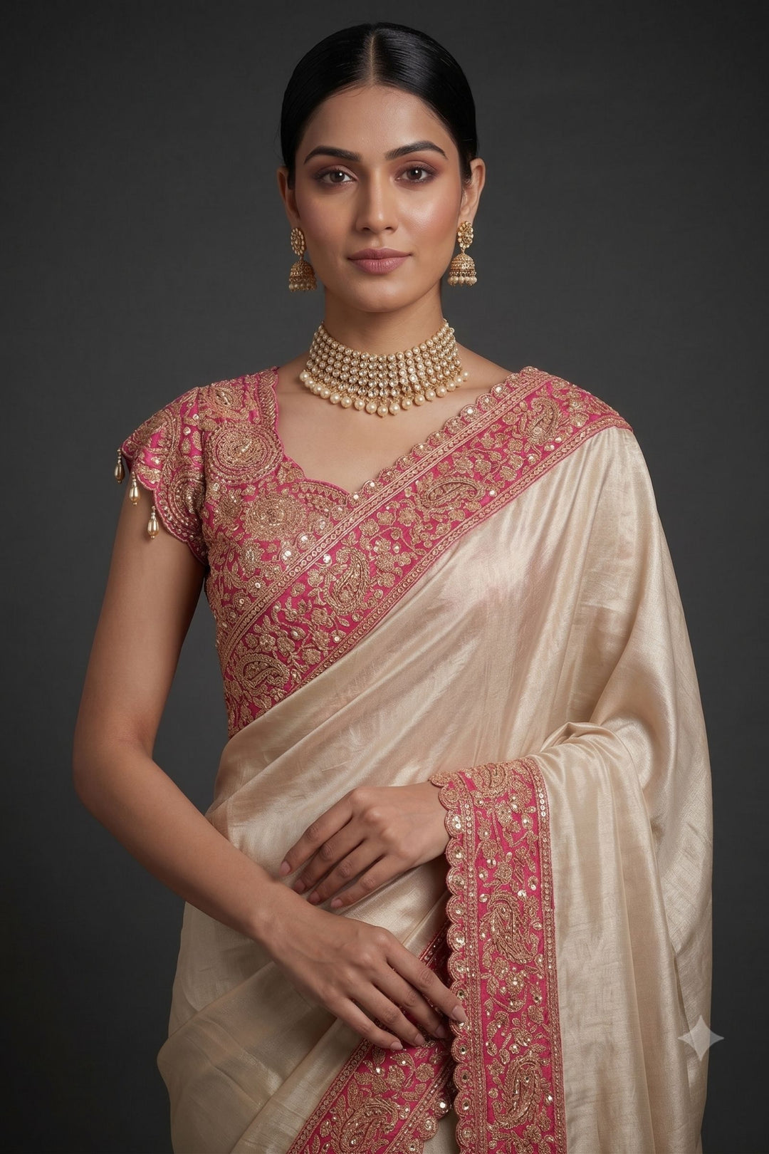 Chiku with Pink Saree with Sequins, Beads and Thread Embellishments