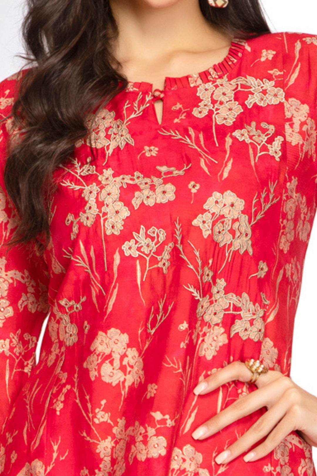 Red with Pink Thread work with Floral Print A-Line Cut Calf Length Kurti