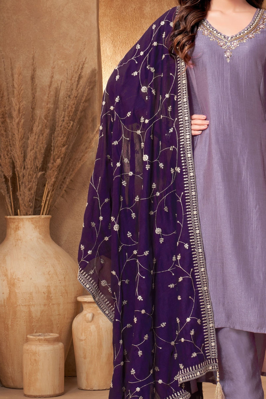 Lavender Zardozi, Mirror and Beads work A-line Cut Salwar Suit