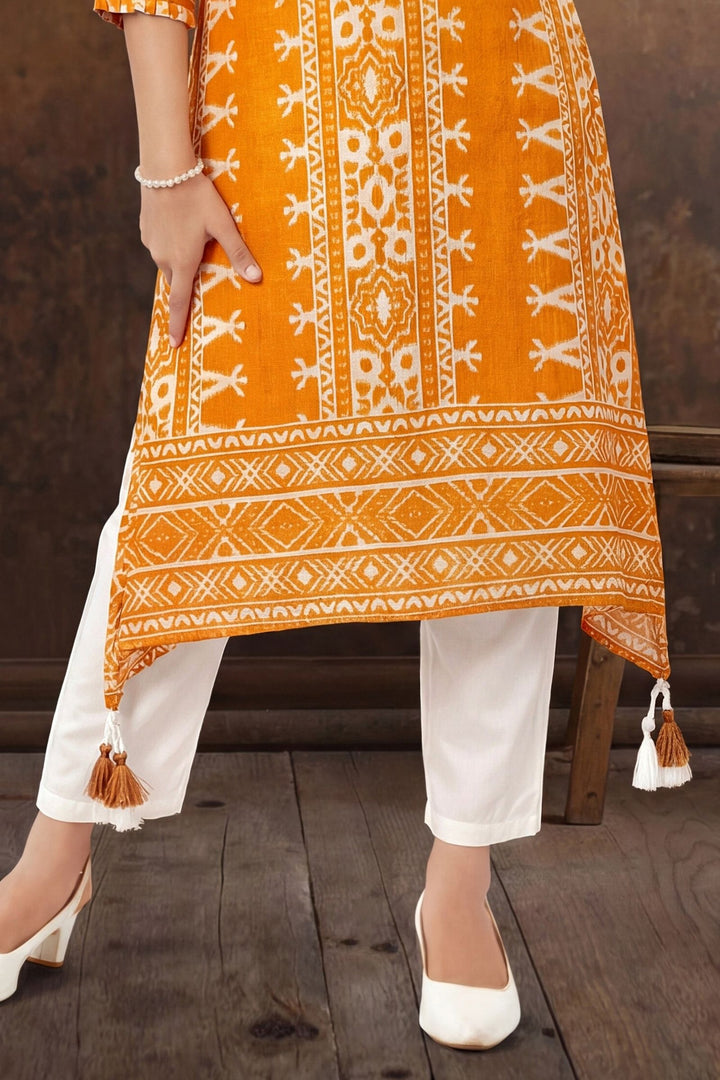 Yellow Mirror work with Digital Print Anarkali Styled Salwar Suit for Girls