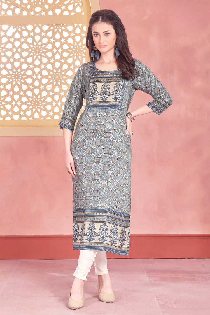 Blue Beads and Sequins work with Ajrakh Print Calf Length Kurti