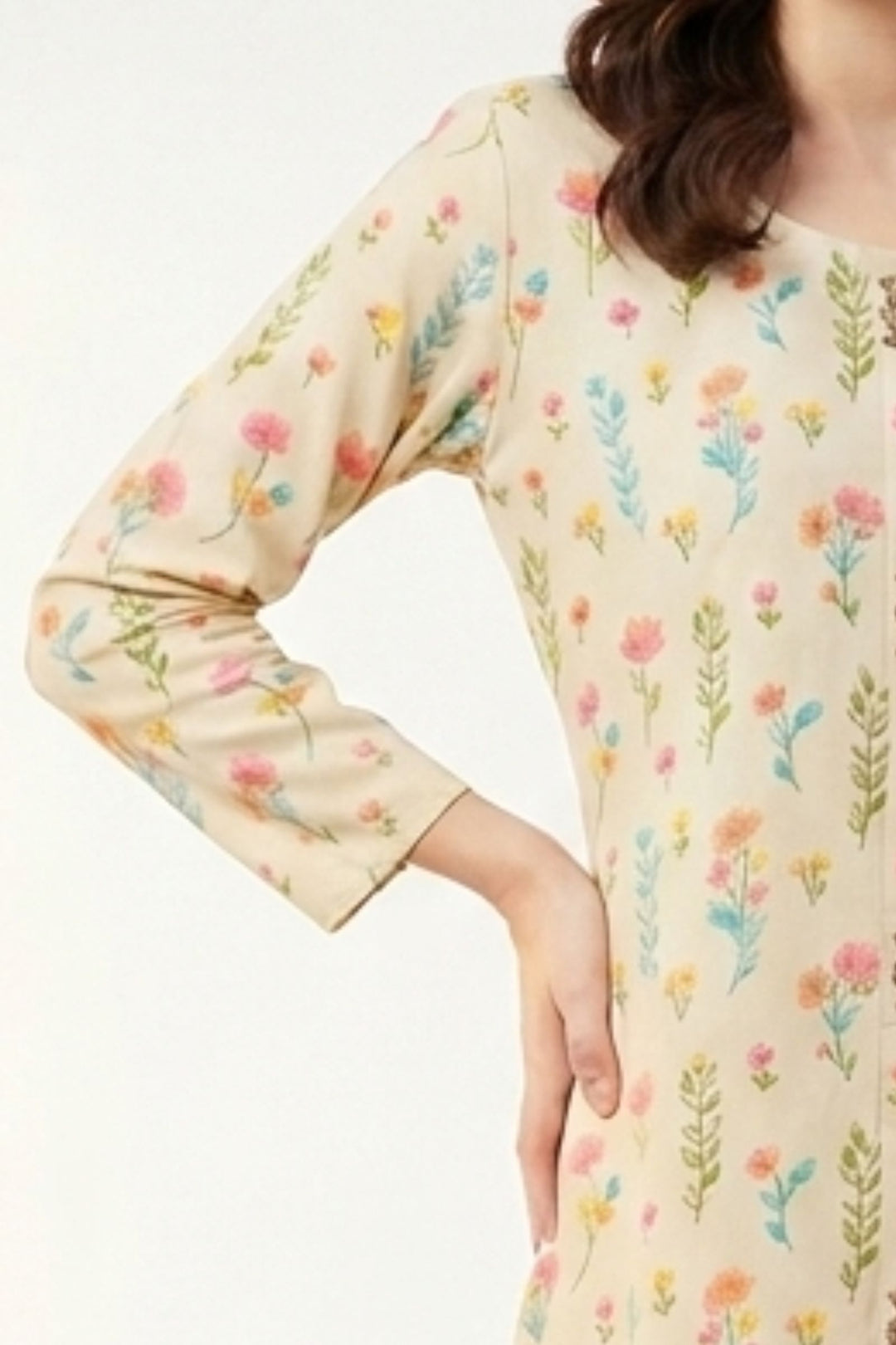 Cream Beads, Sequins and Thread work with Floral Print Calf Length Kurti
