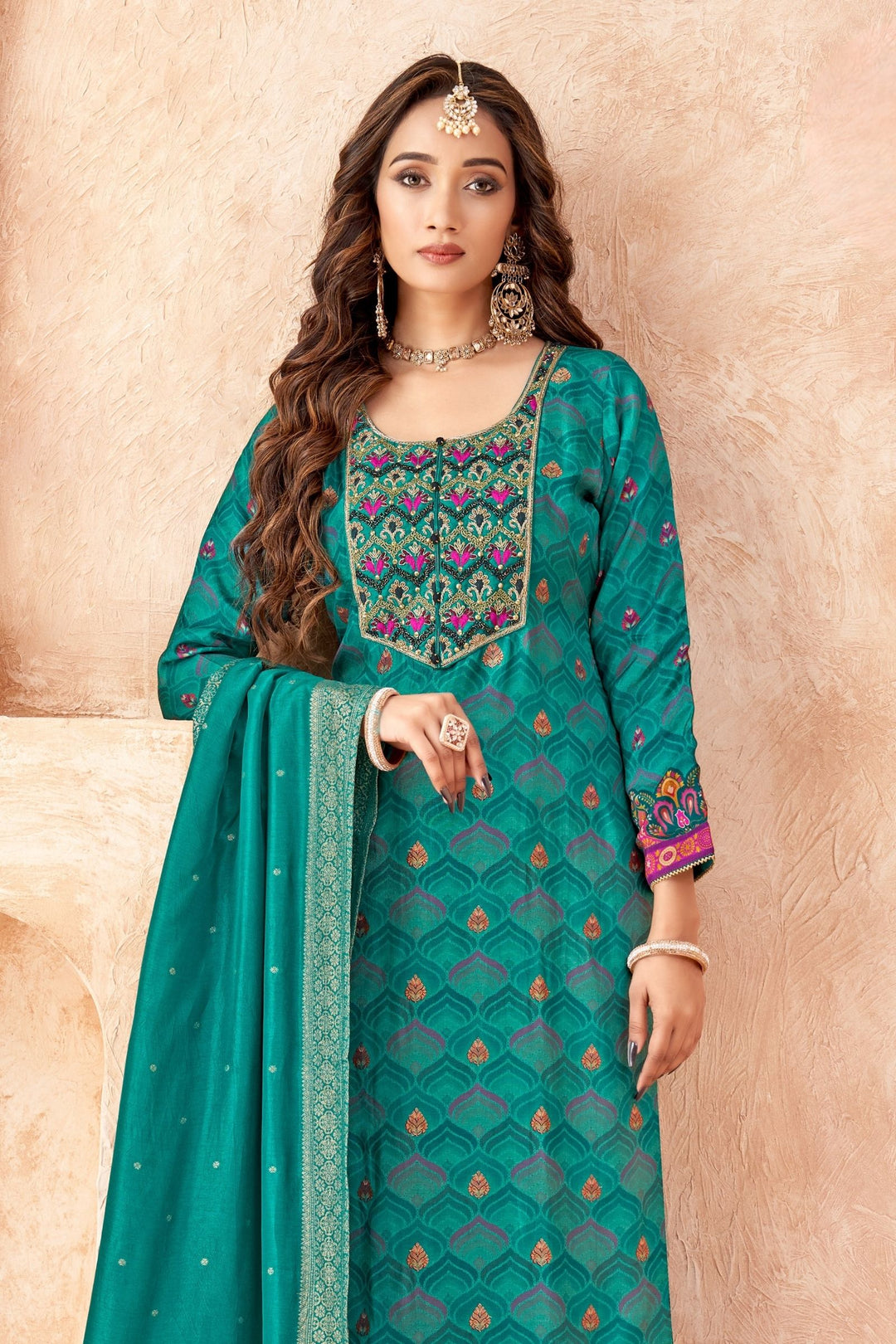 Rama Green Banaras and Embroidery work with Multicolor Digital Print Straight Cut Salwar Suit