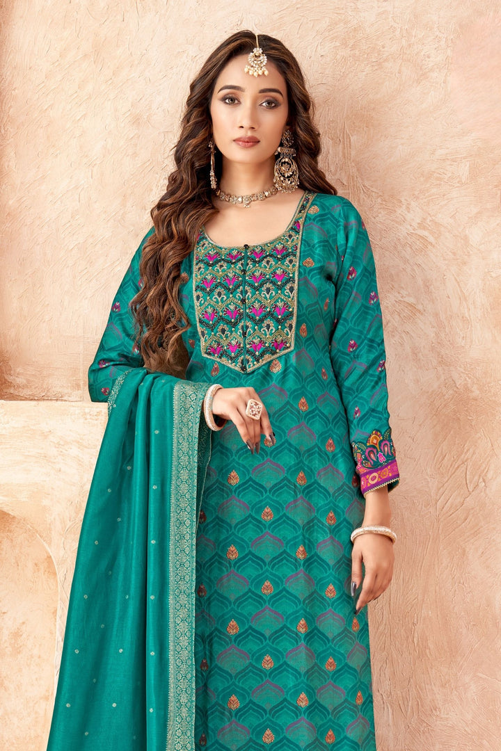 Rama Green Banaras and Embroidery work with Multicolor Digital Print Straight Cut Salwar Suit