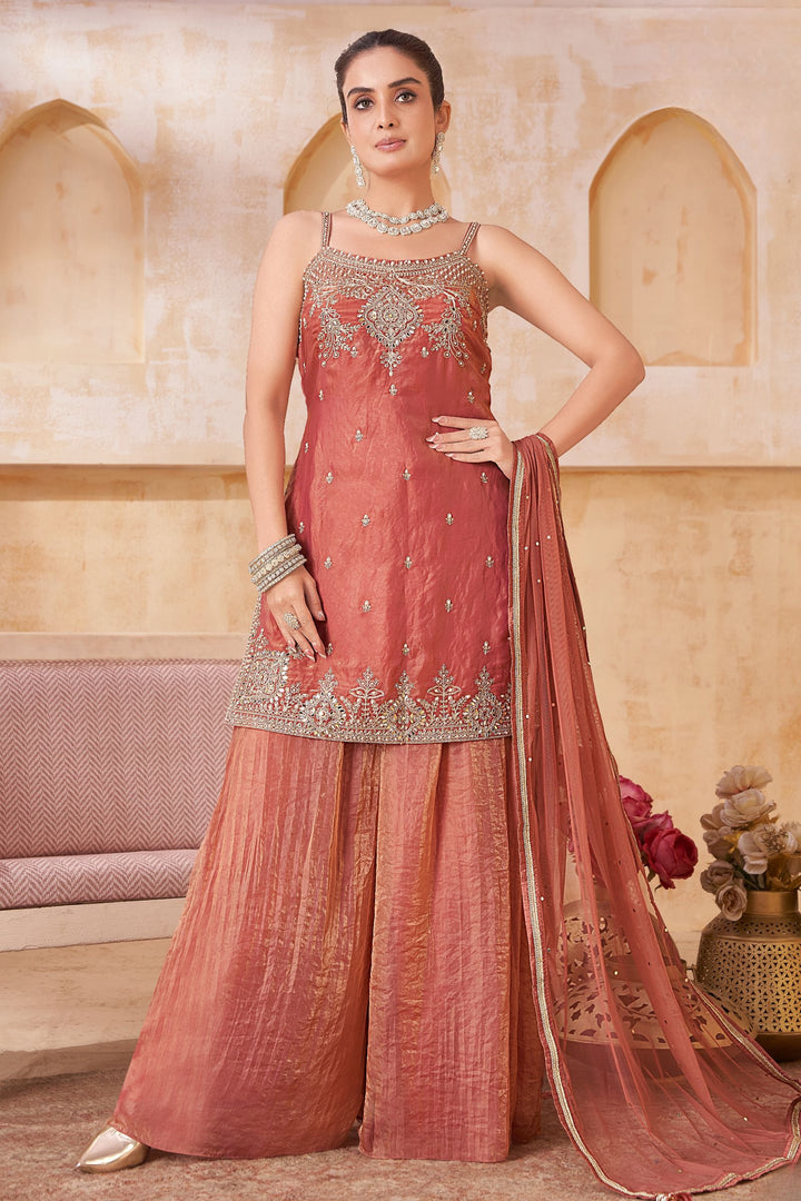 Light Orange Mirror, Stone, Zari and Pearls work Palazzo Salwar Suit