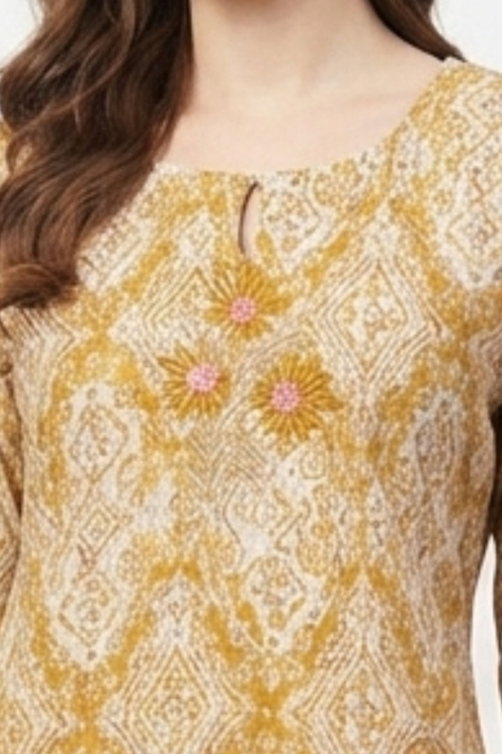 Beige Embroidery, Zari and Stone work with Digital Print A-Line Cut Calf Length Kurti