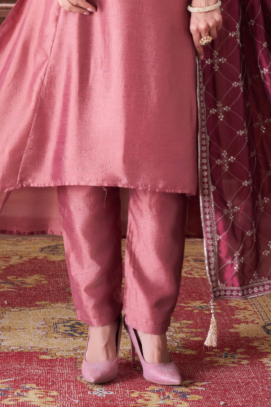 Rust Beads, Mirror, Zardozi, Zari and Sequins work A-line Cut Anarkali Styled Salwar Suit
