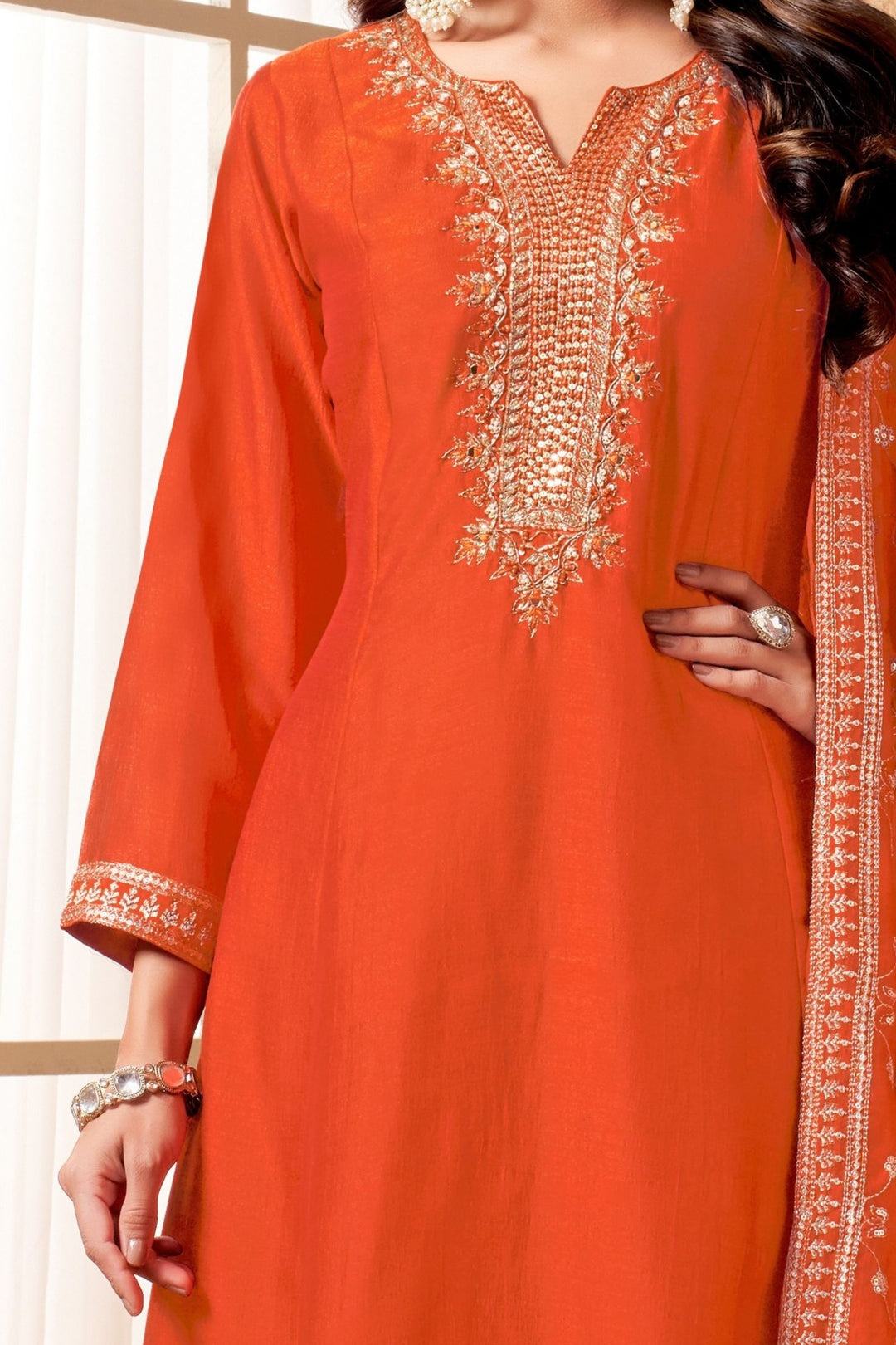 Orange Sequins, Beads, Mirror and Zari work A-line Cut Anarkali Styled Salwar Suit