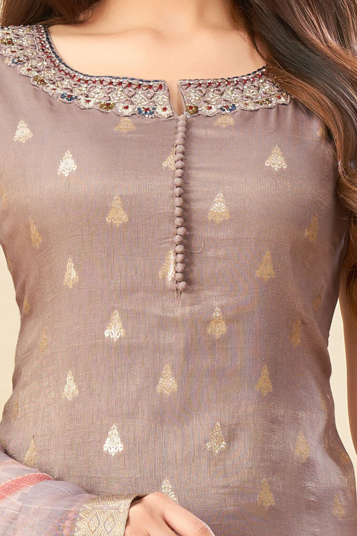 Copper Rose Banaras, Mirror, Thread and Stone work Straight Cut Salwar Suit