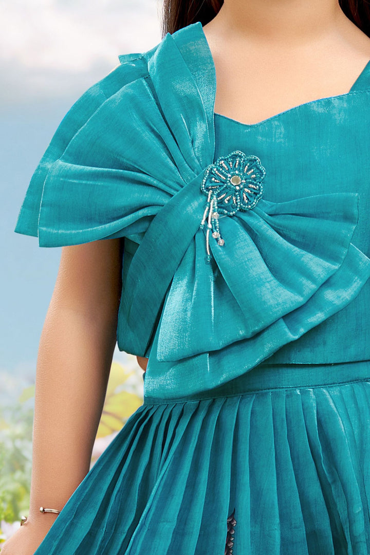 Blue Beads work with Floral Print Lehenga Choli for Girls