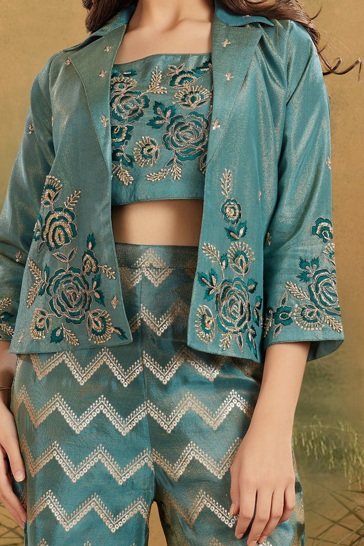 Sea Green Embroidery, Sequins, Zari and Beads work Jacket Styled Palazzo Set for Girls