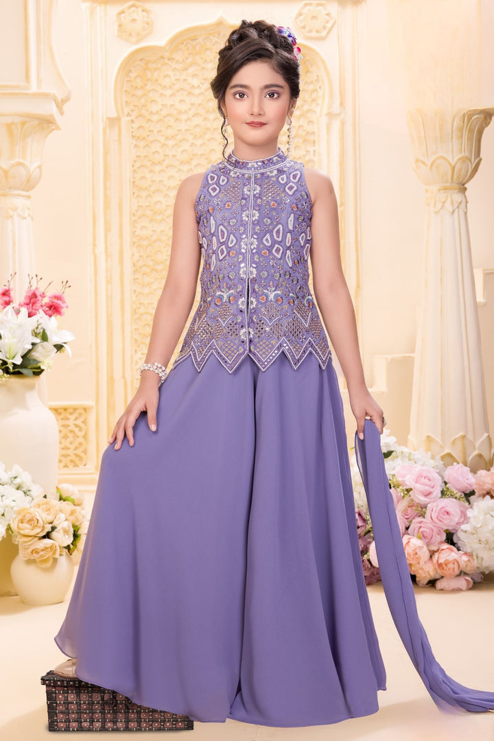 Lavender Beads, Zari, Mirror and Sequins work Palazzo Suit Set for Girls