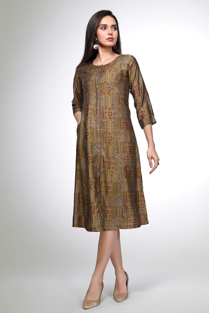 Mehendi Green with Maroon Digital Print Calf Length Kurti