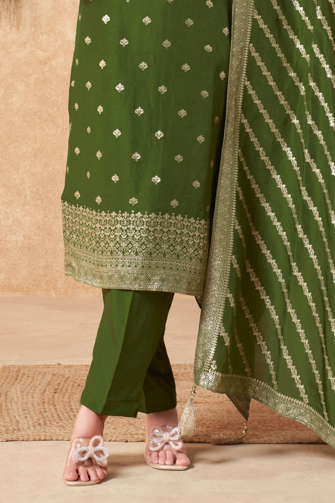Green Banaras, Zardozi, Beads and Sequins work Straight Cut Salwar Suit
