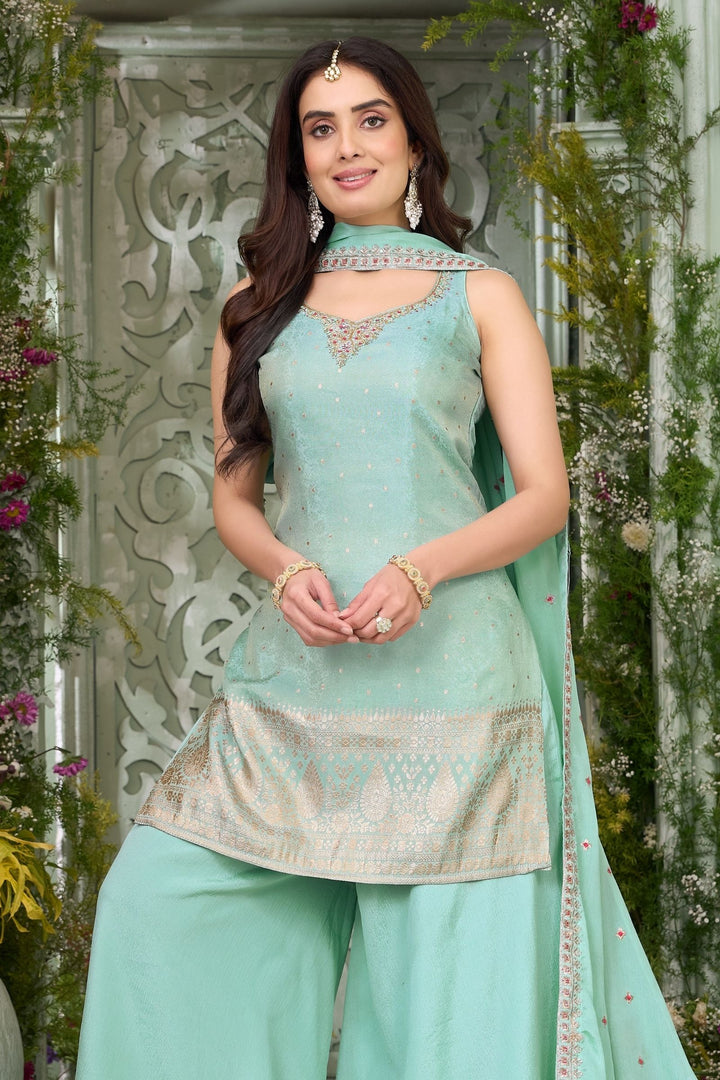 Sea Green Banaras, Zardozi, Mirror, Stone, Thread and Zari work Palazzo Salwar Suit