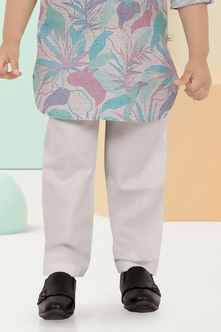 White with Multicolor Digital Print Kurta Set for Boys