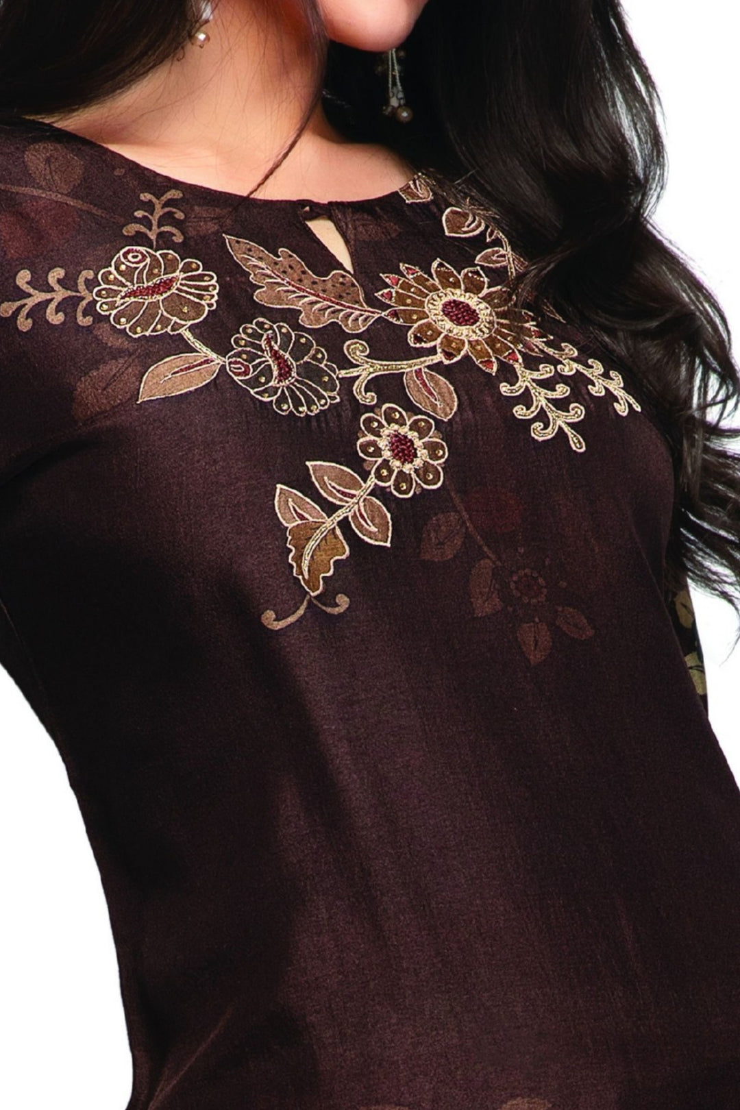 Brown Embroidery, Stone and Zari work with Floral Print Calf Length Kurti