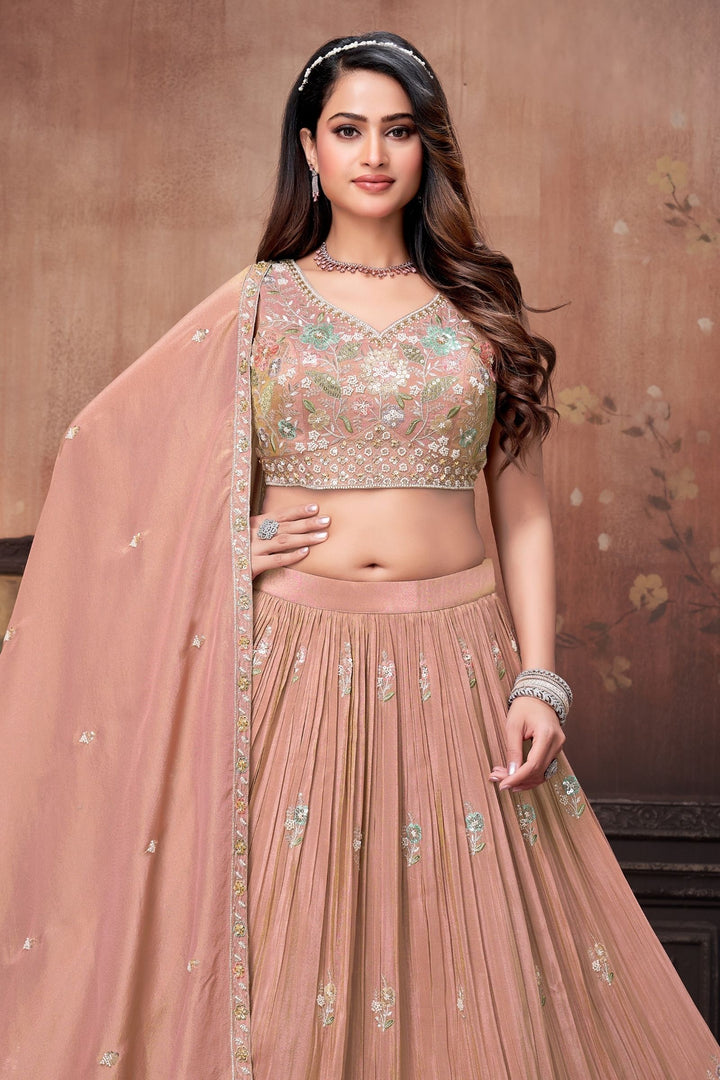 Peach Sequins, Beads and Multicolor Thread work Crop Top Lehenga