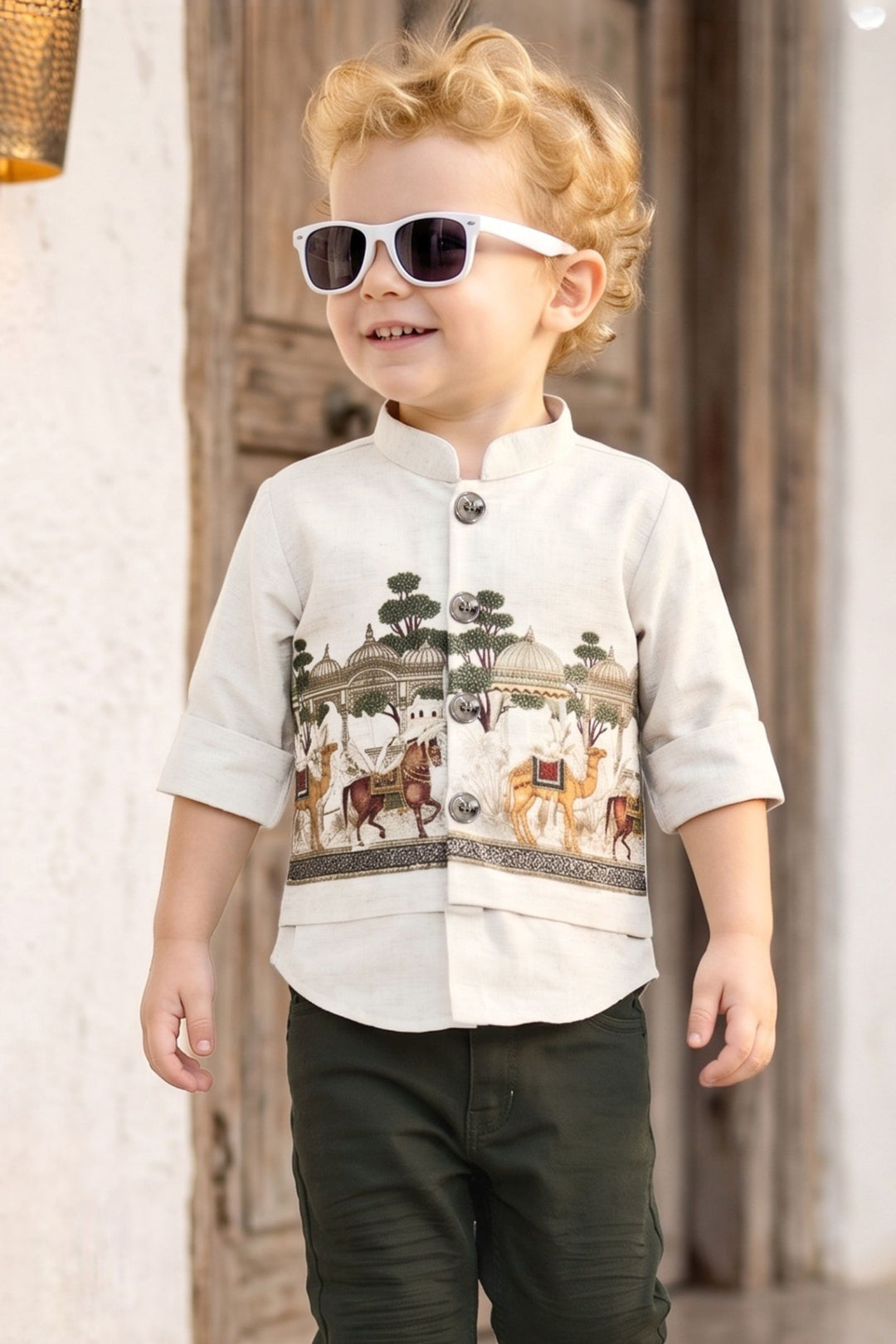 Half White Mughal-Style Motifs Shirt and Green Pant Set for Boys