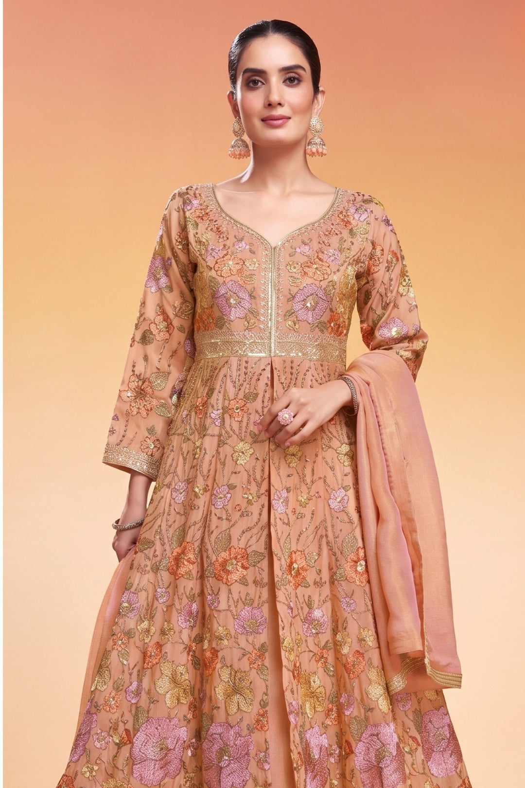 Peach Floral Embroidery, Sequins and Zari work Mastani Styled Palazzo Suit