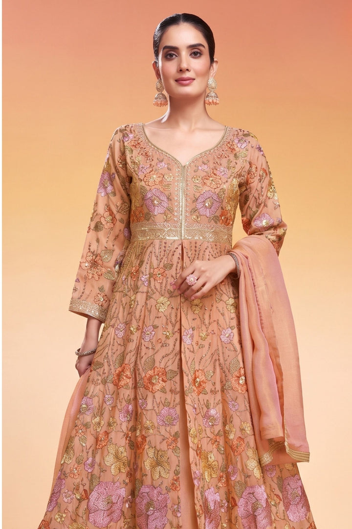 Peach Floral Embroidery, Sequins and Zari work Mastani Styled Palazzo Suit