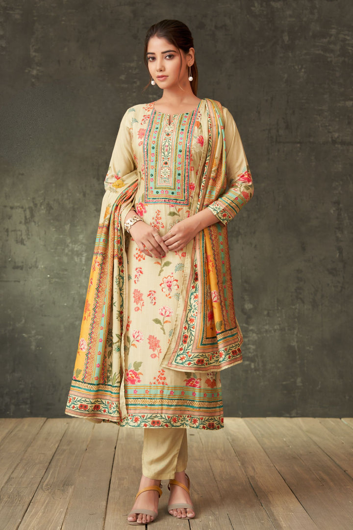 Beige Mirror and Zari work with Floral Print Straight Cut Salwar Suit