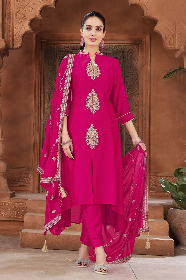 Rani Pink Beads and Sequins work A-line Cut Salwar Suit