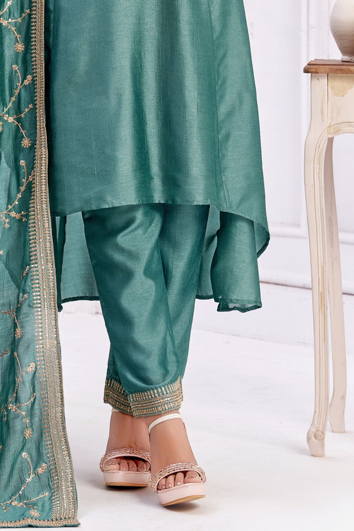 Sea Green Beads, Sequins, Mirror, Stone and Thread work A-line Cut Salwar Suit