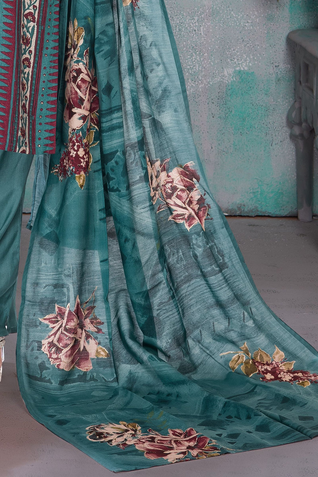 Peacock Green Beads and Mirror work with Printed Straight Cut Salwar Suit for Girls