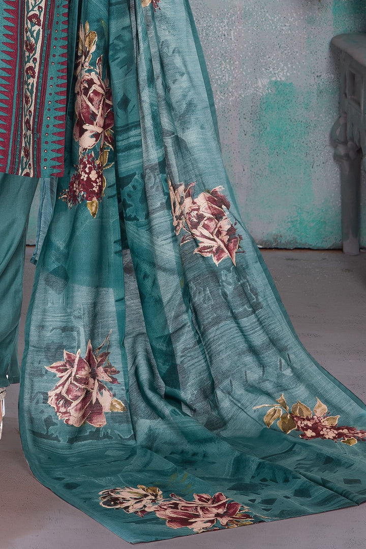 Peacock Green Beads and Mirror work with Printed Straight Cut Salwar Suit for Girls