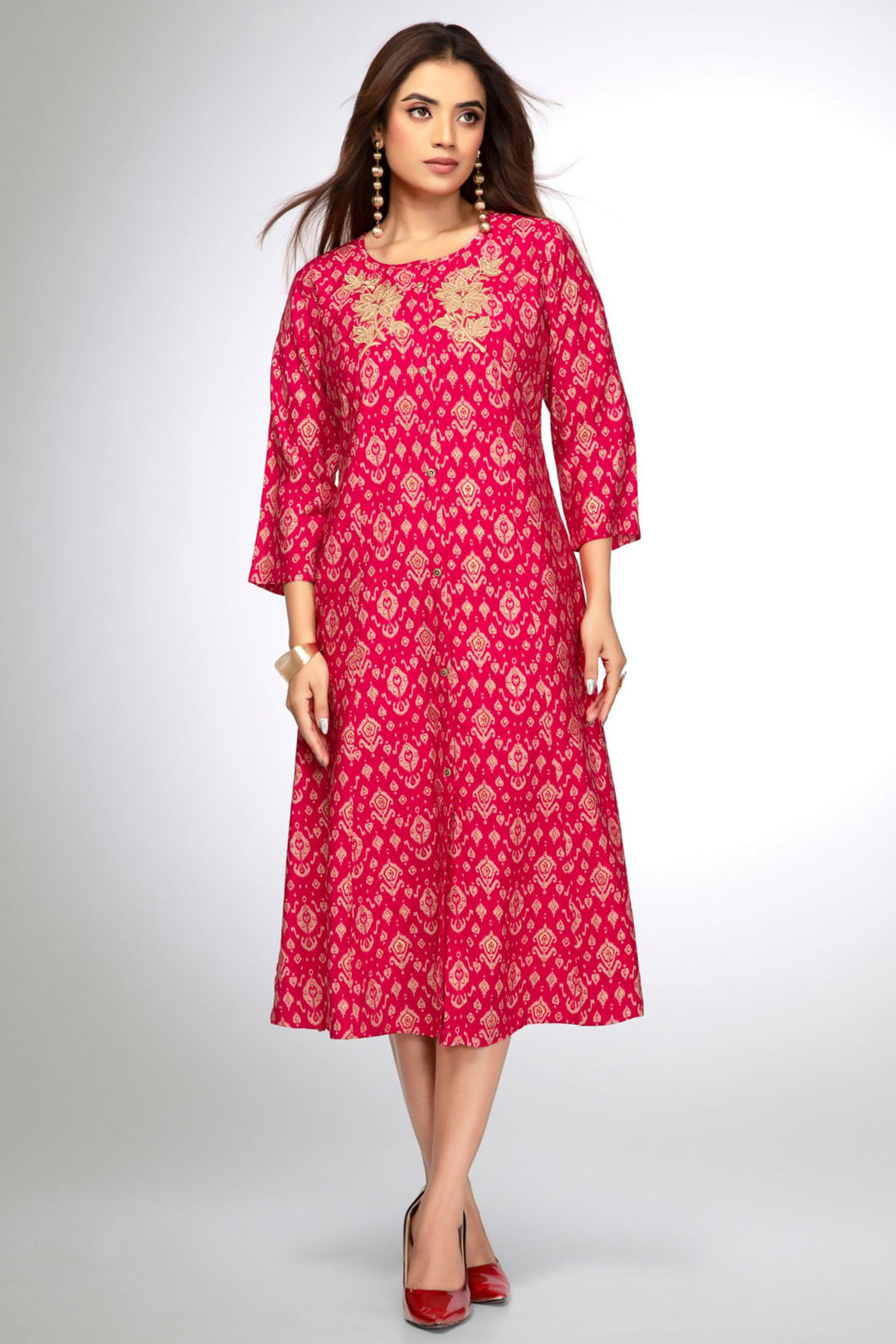 Rani Pink Embroidery and Mirror work with Digital Print Calf Length Kurti