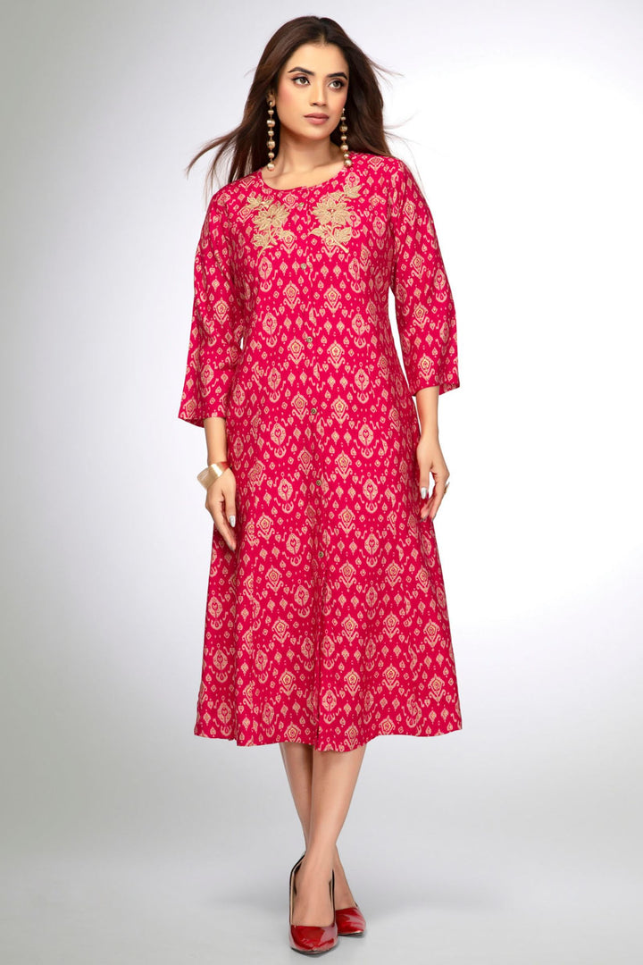 Rani Pink Embroidery and Mirror work with Digital Print Calf Length Kurti